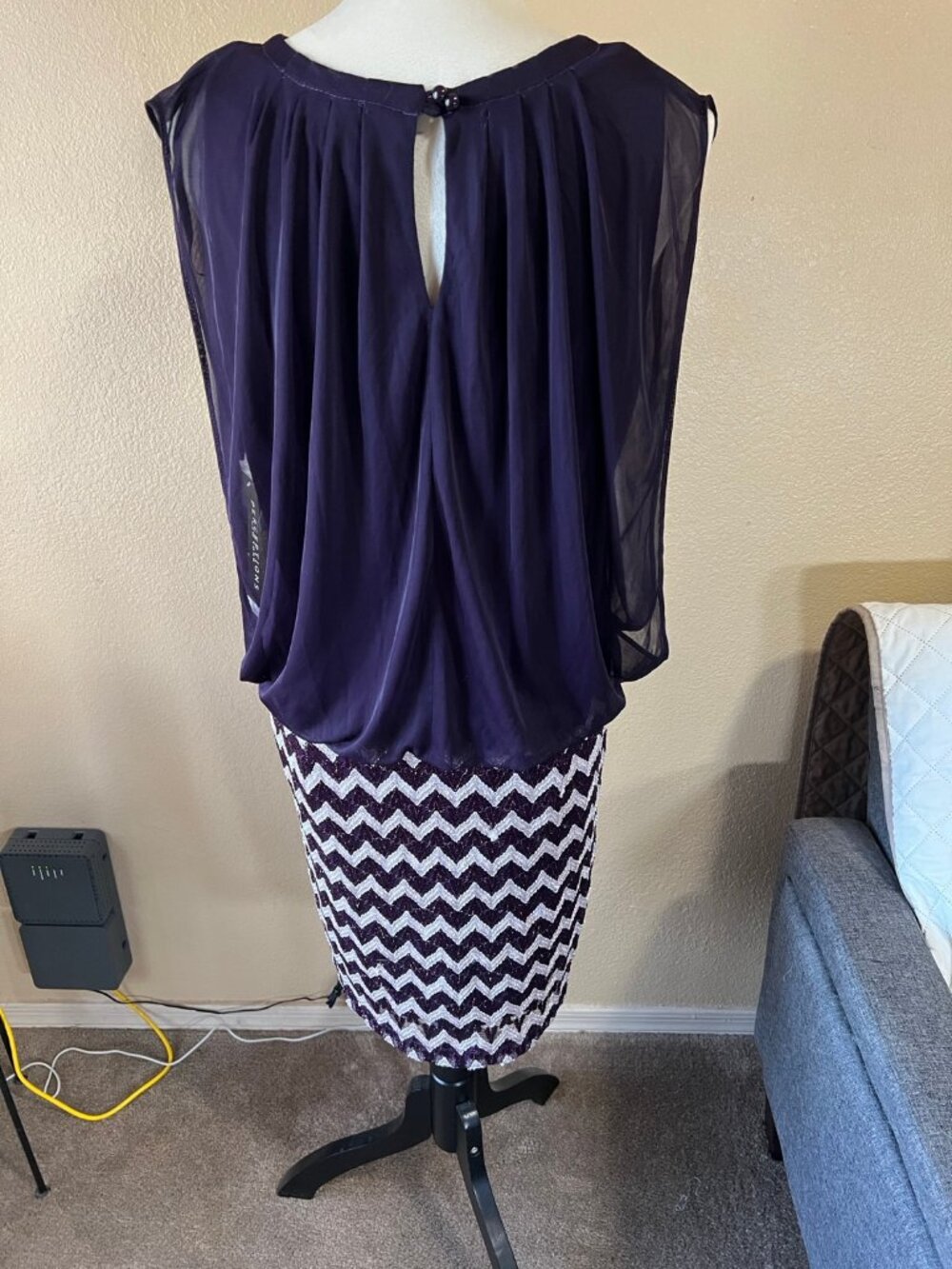 Perceptions New York Purple Chevron Dress Size 12 NWT Sheer Overlay